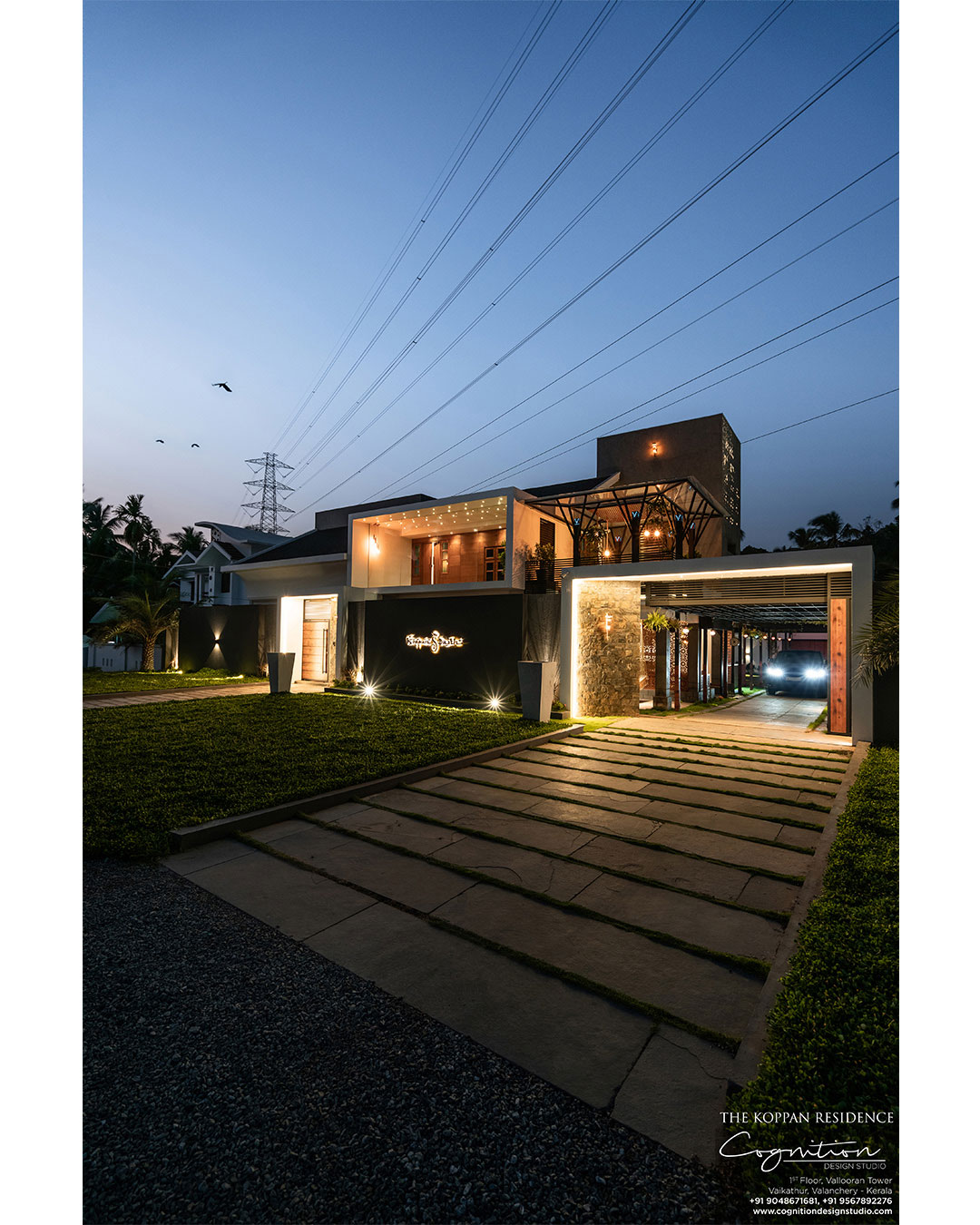 A night view of the front facade.