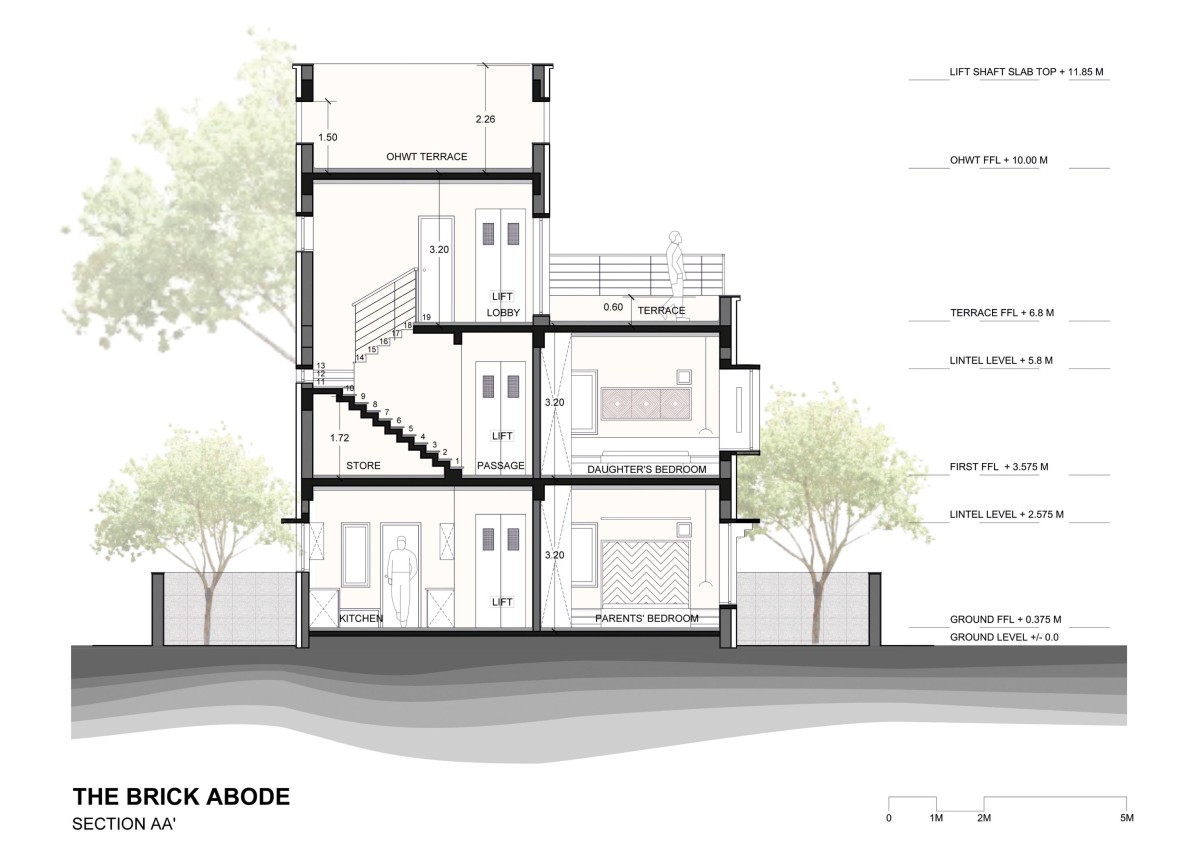 Section AA of The Brick Abode by Alok Kothari Architects