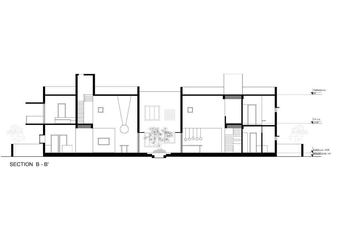 Section BB of The Courtyard House by Atelier Varun Goyal