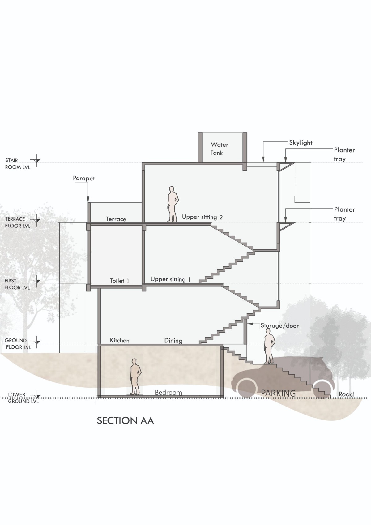 Section AA of The N’Arrow House by Designloom Architects