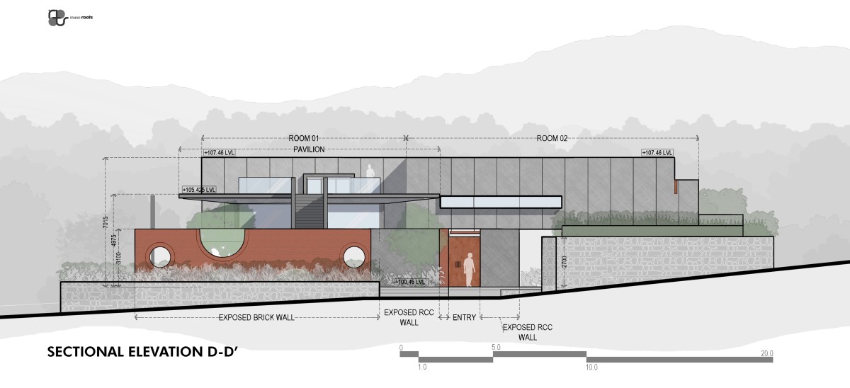 Sectional Elevation D-D of Blurring the Boundaries Weekend Home at Maale by Studio Roots