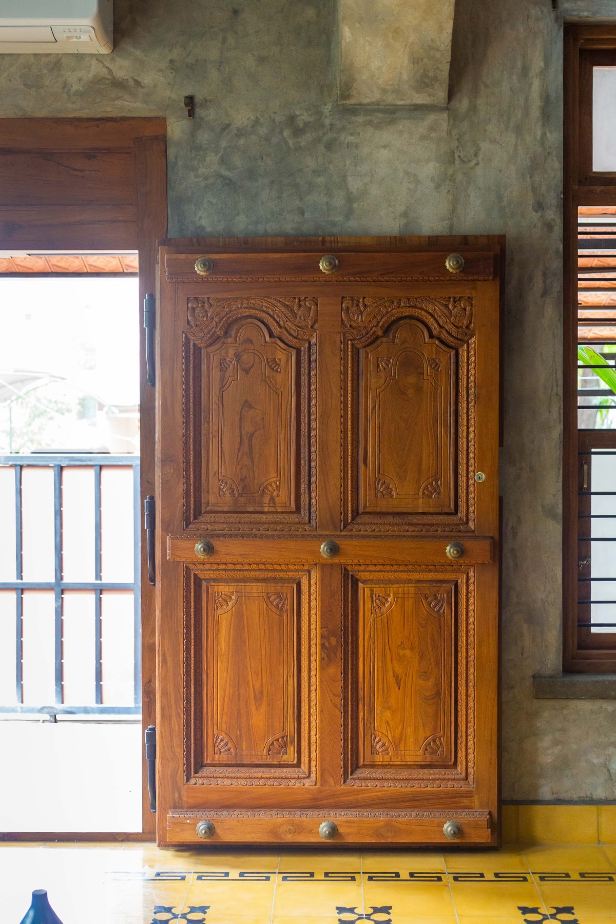 Detailed shot of door of Brick Veedu by Onebulb Architecture