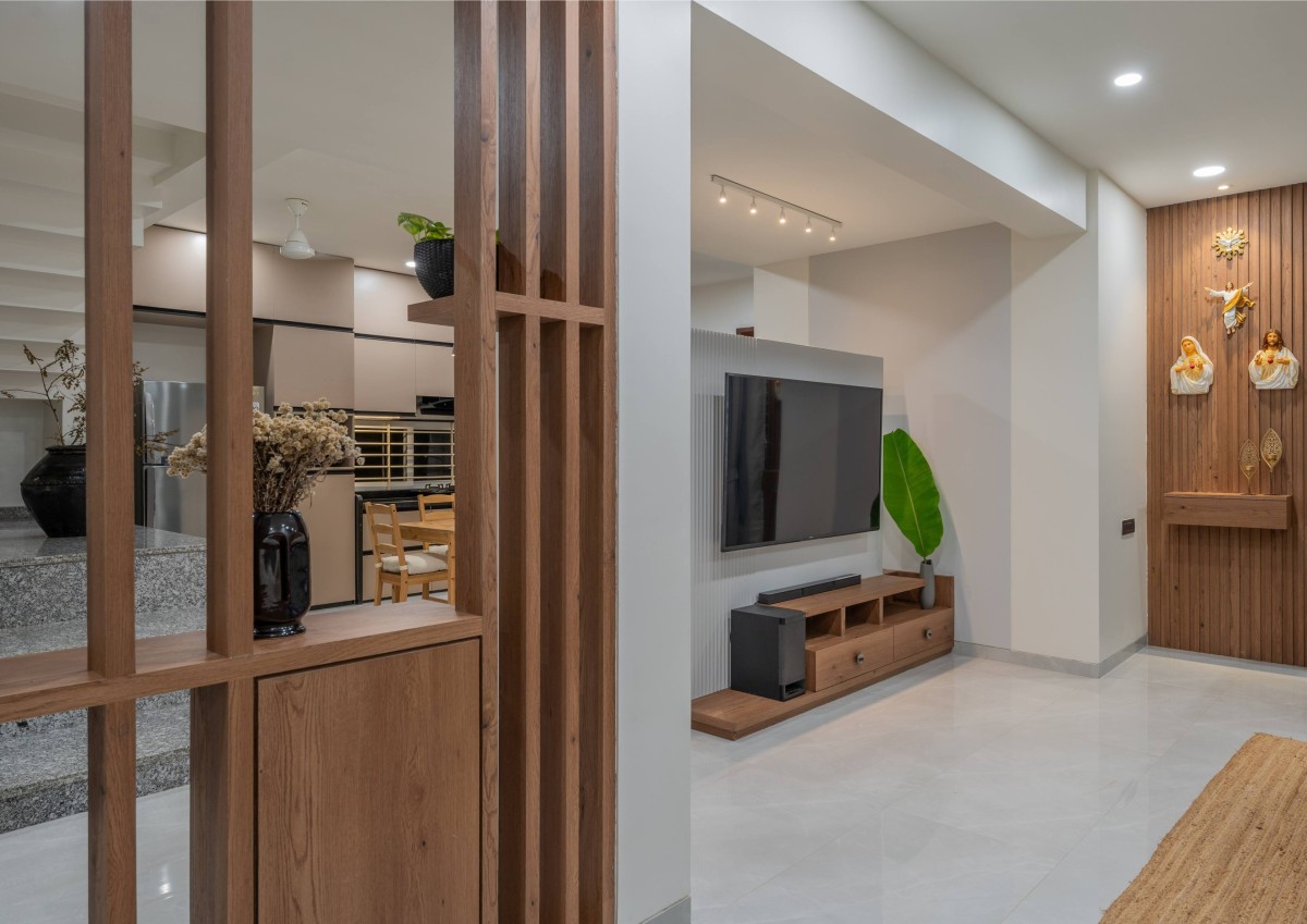 Foyer and living area featuring screen, partition and altar of Sukoon by the Subtle Studio