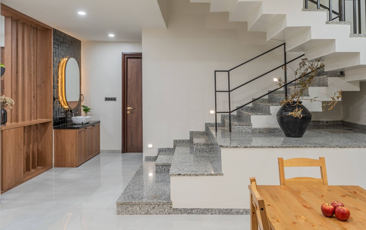 Staircase, Foyer Screen and Washbasin unit view of Sukoon by the Subtle Studio