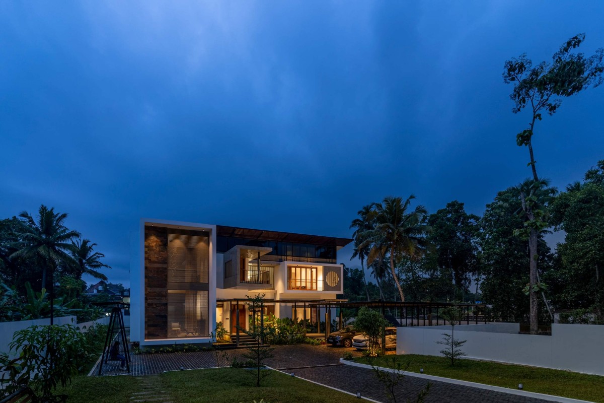 Night shot of exterior view of Bethel by Greenline Architects