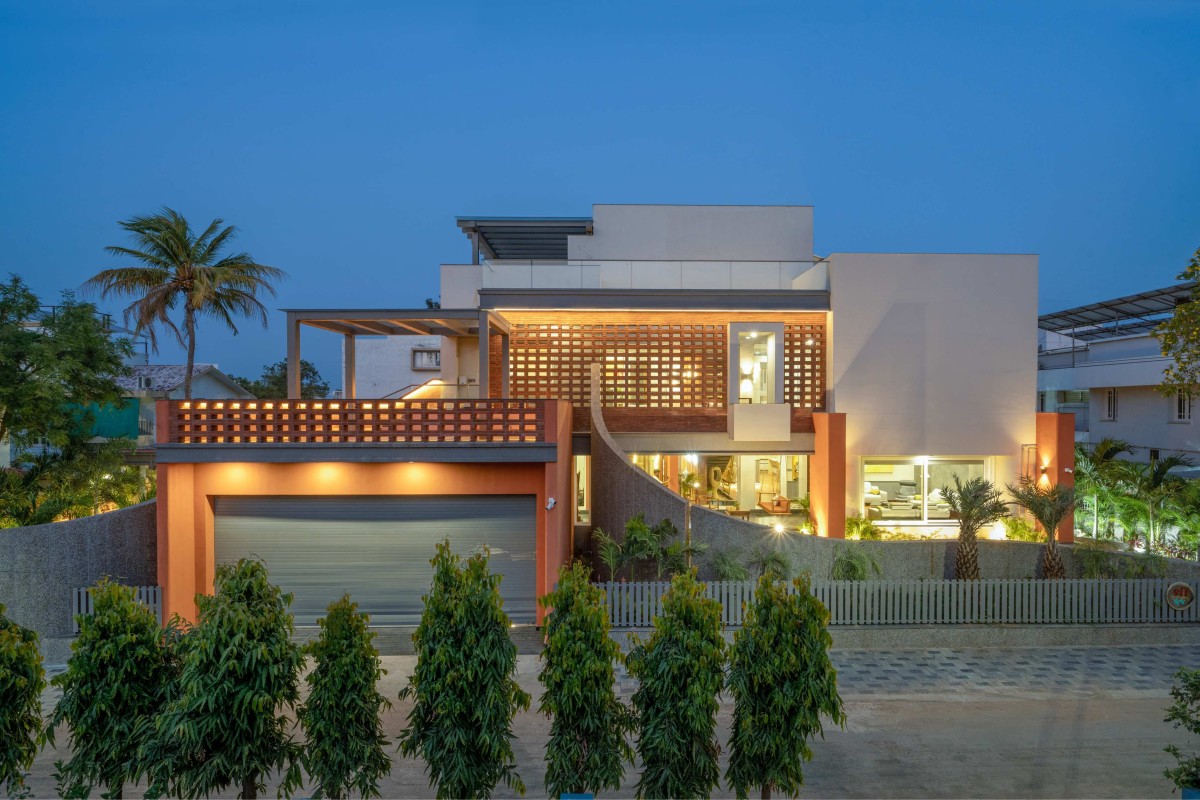 Dusk light exterior view of Shreekunj Bungalows by Shraddha Architects