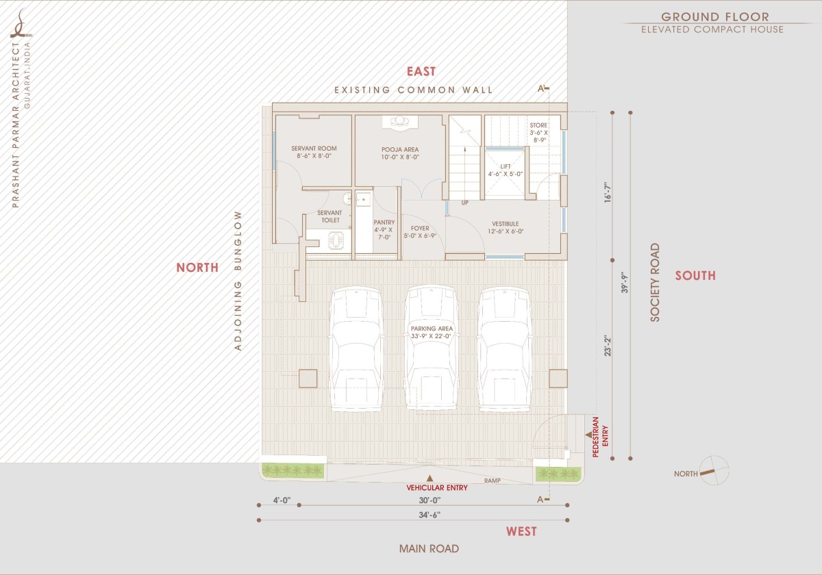 Ground floor plan of Elevated Compact House by Prashant Parmar Architect  Shayona Consultant