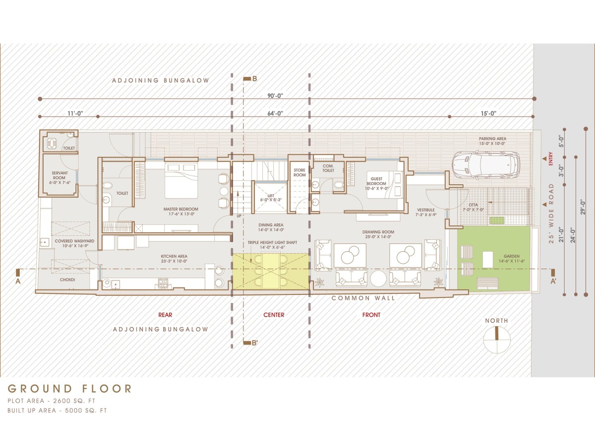 Ground floor plan of Narrow House by Prashant Parmar Architect