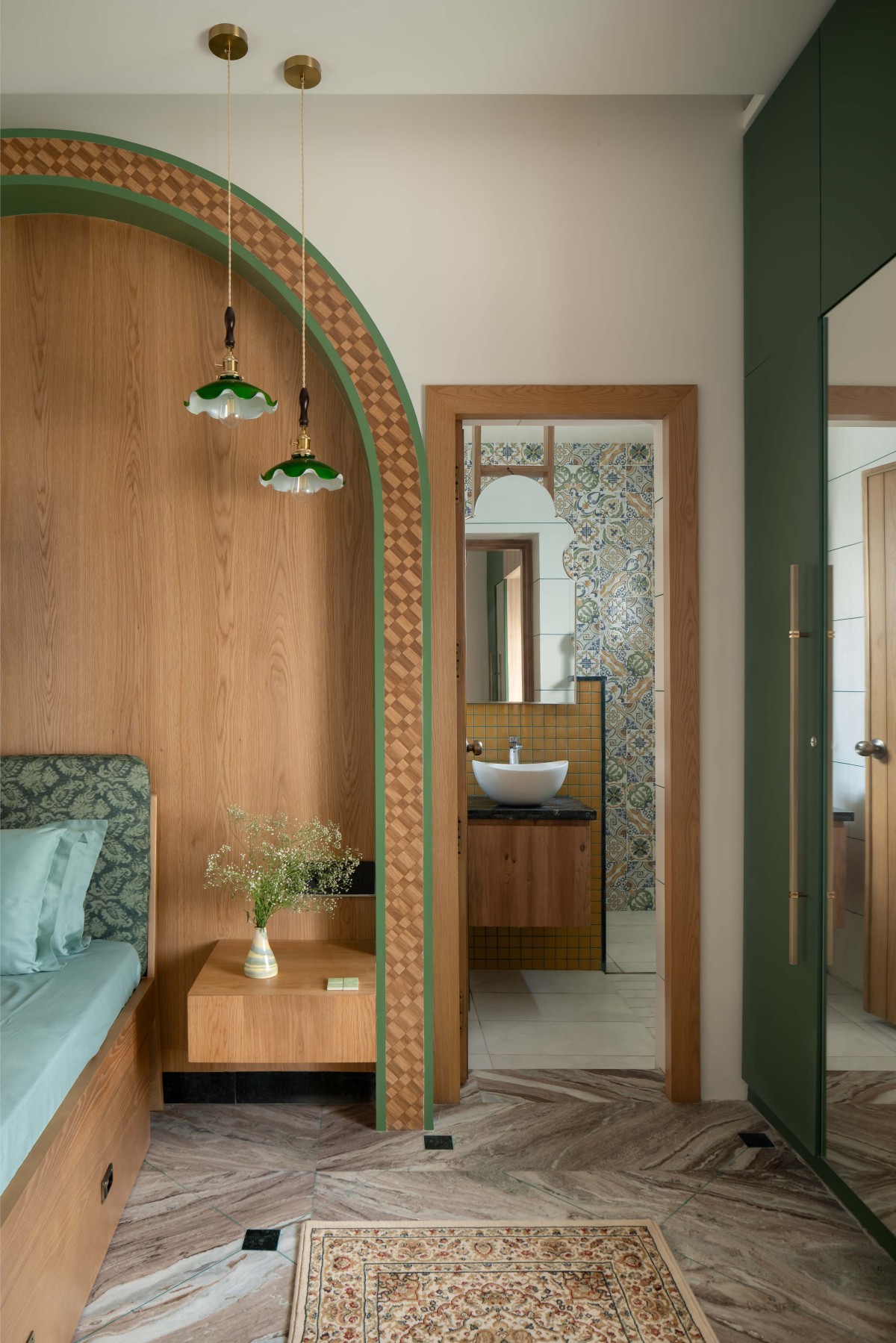 A plethora of patterns for this bedroom with green-yellow colour combination highlighted by wooden details.