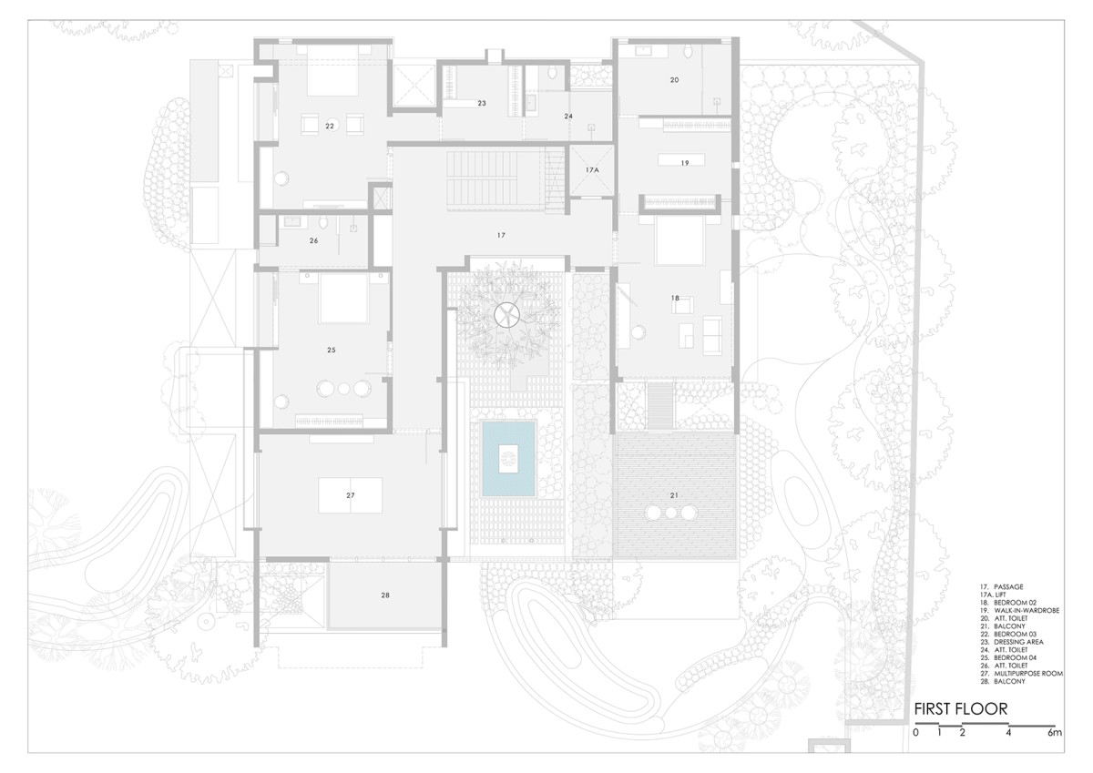 First Floor Plan of The Courtyard House by Rushi Shah Architects + Tattva Landscapes