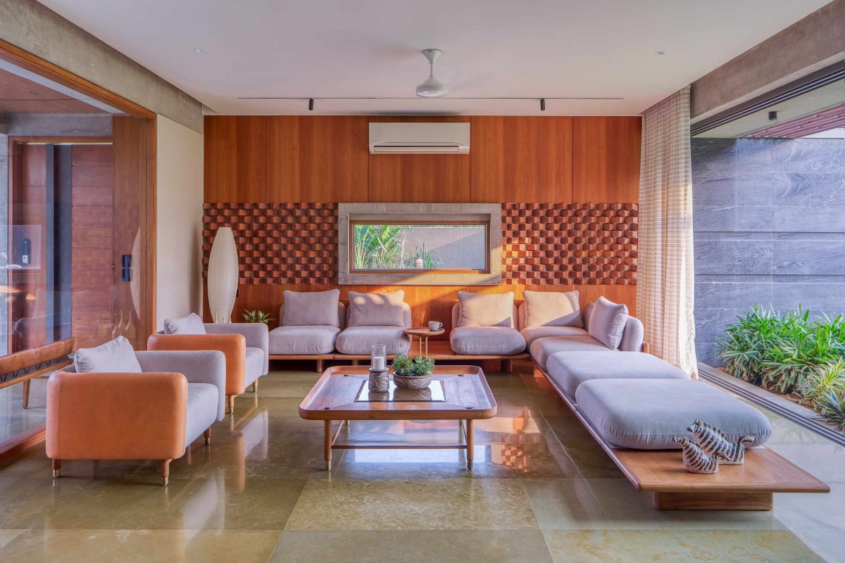 Drawing room of The Courtyard House by Rushi Shah Architects + Tattva Landscapes