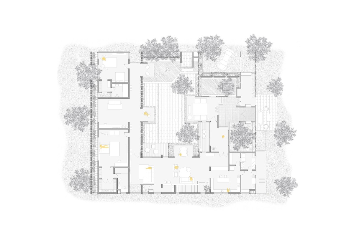 Ground floor plan of Brick Mask House by Spacefiction Studio