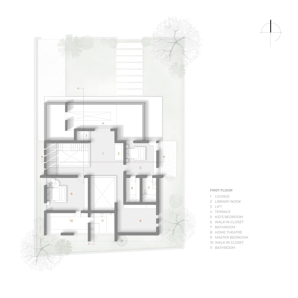 First Floor Plan of The House of Frames by KalaaZodh Architecture