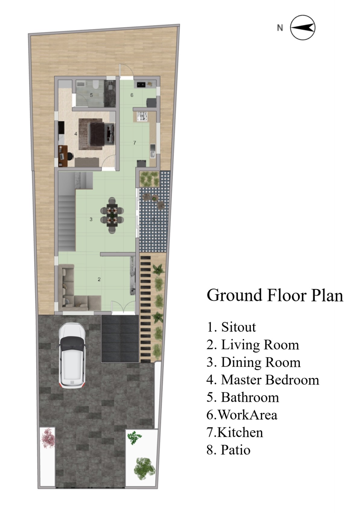 Ground floor plan of Linear Abode by Wide Architects Design Lab