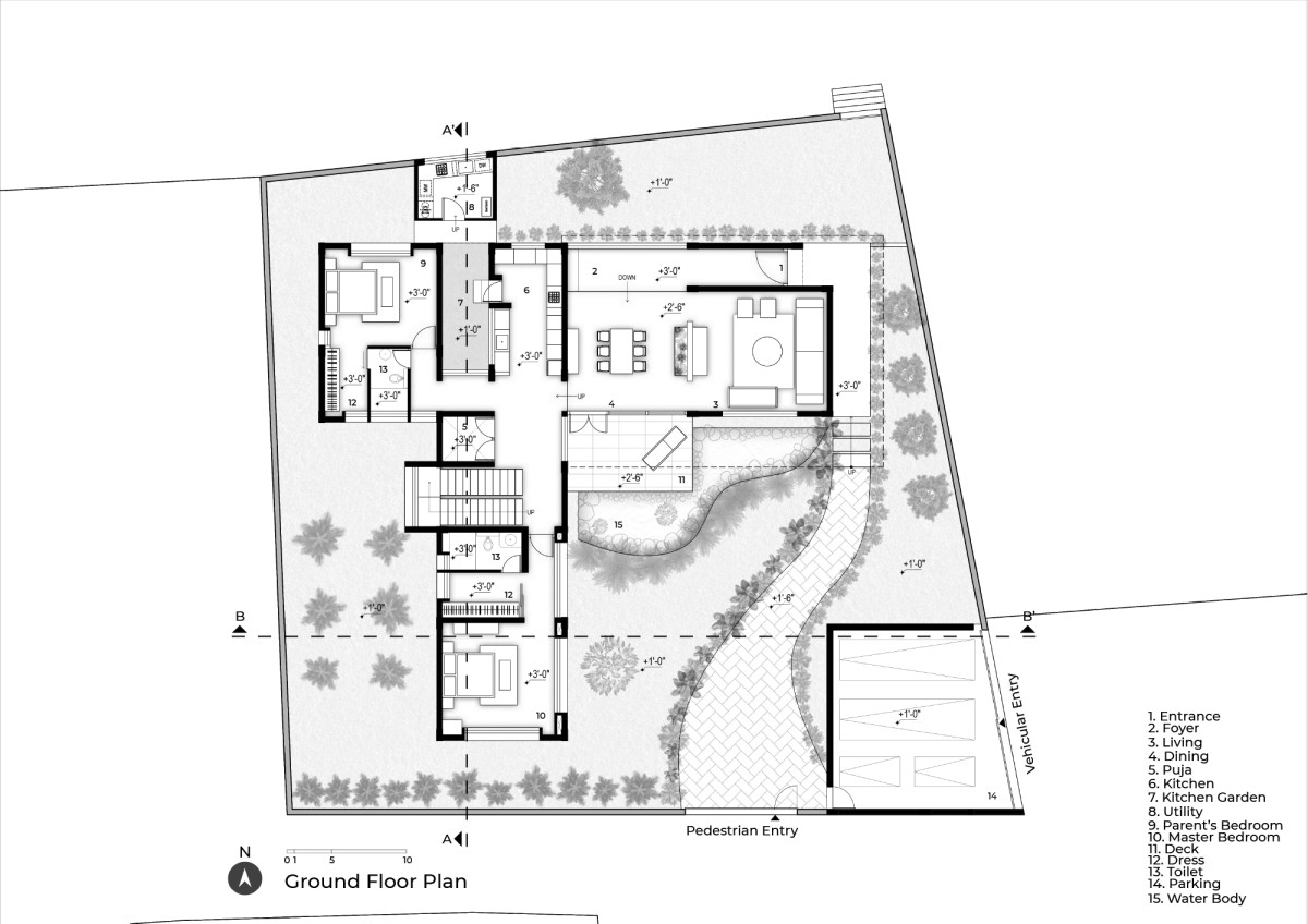 Ground floor plan of The Modern Pastoral House by Sudaiva Studio