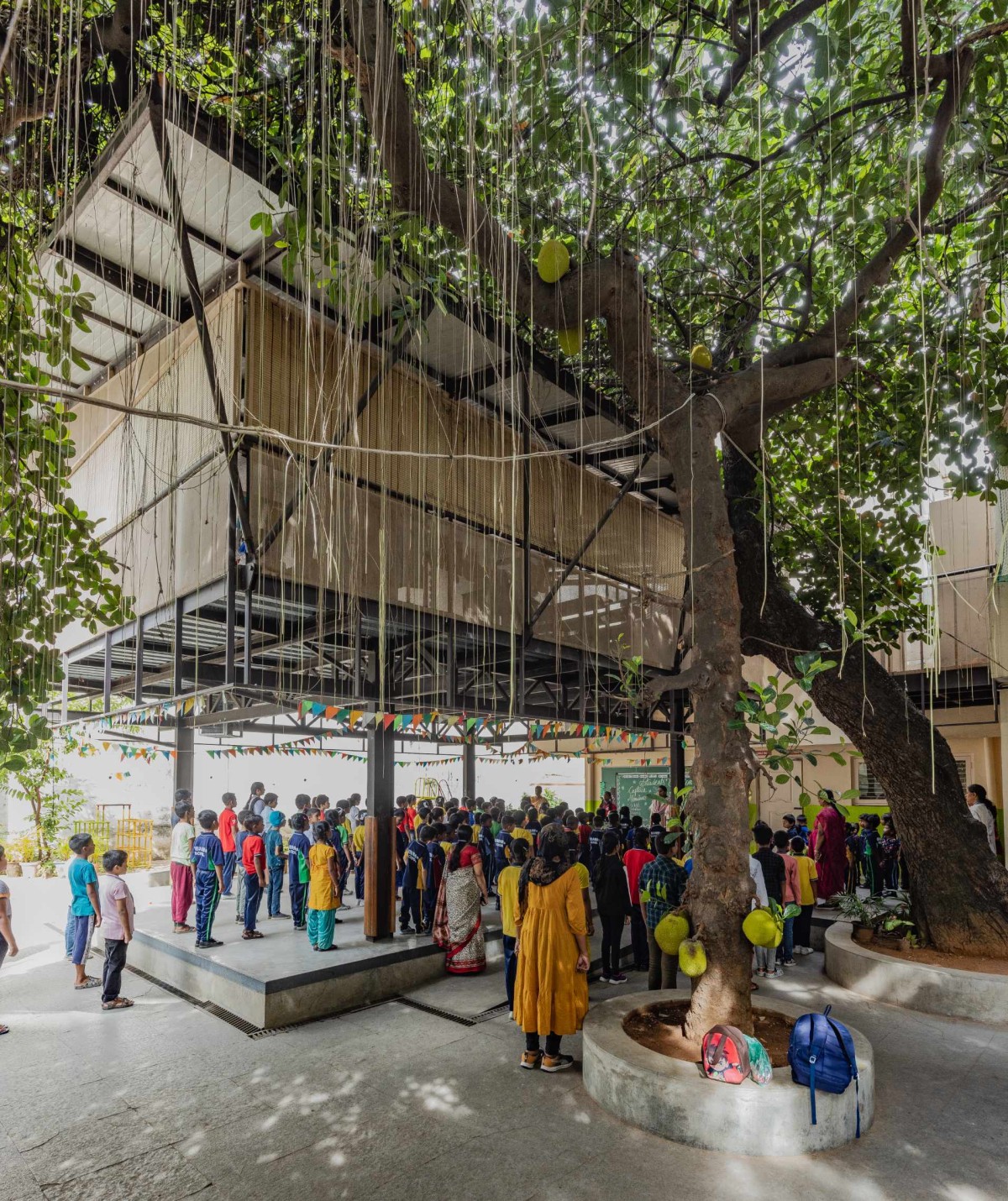 Exterior view of RBANMS School by Mathew and Ghosh Architects