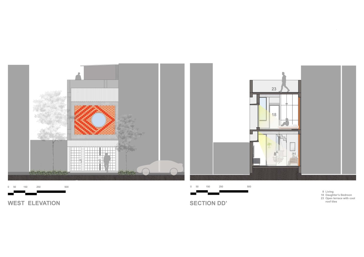 West Elevation and Section DD of Latchiya Illam by RP Architects