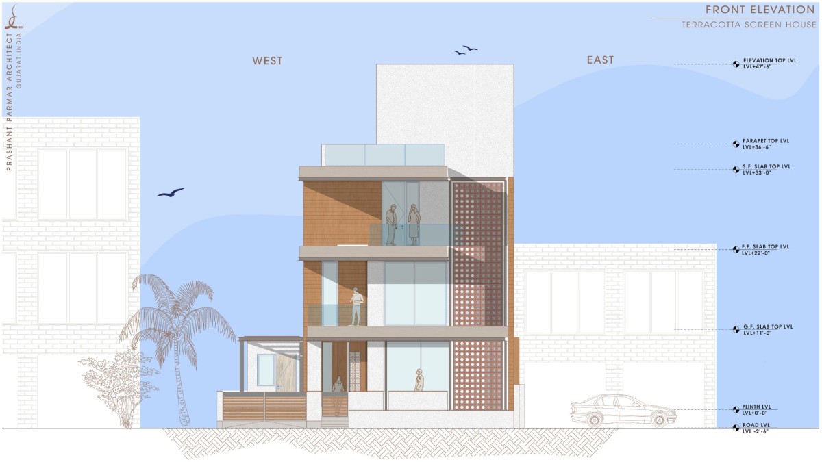 Front Elevation of Terracotta Screen House by Prashant Parmar Architect  Shayona Consultant