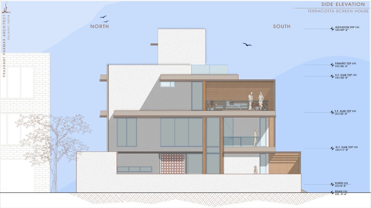 Side Elevation of Terracotta Screen House by Prashant Parmar Architect  Shayona Consultant