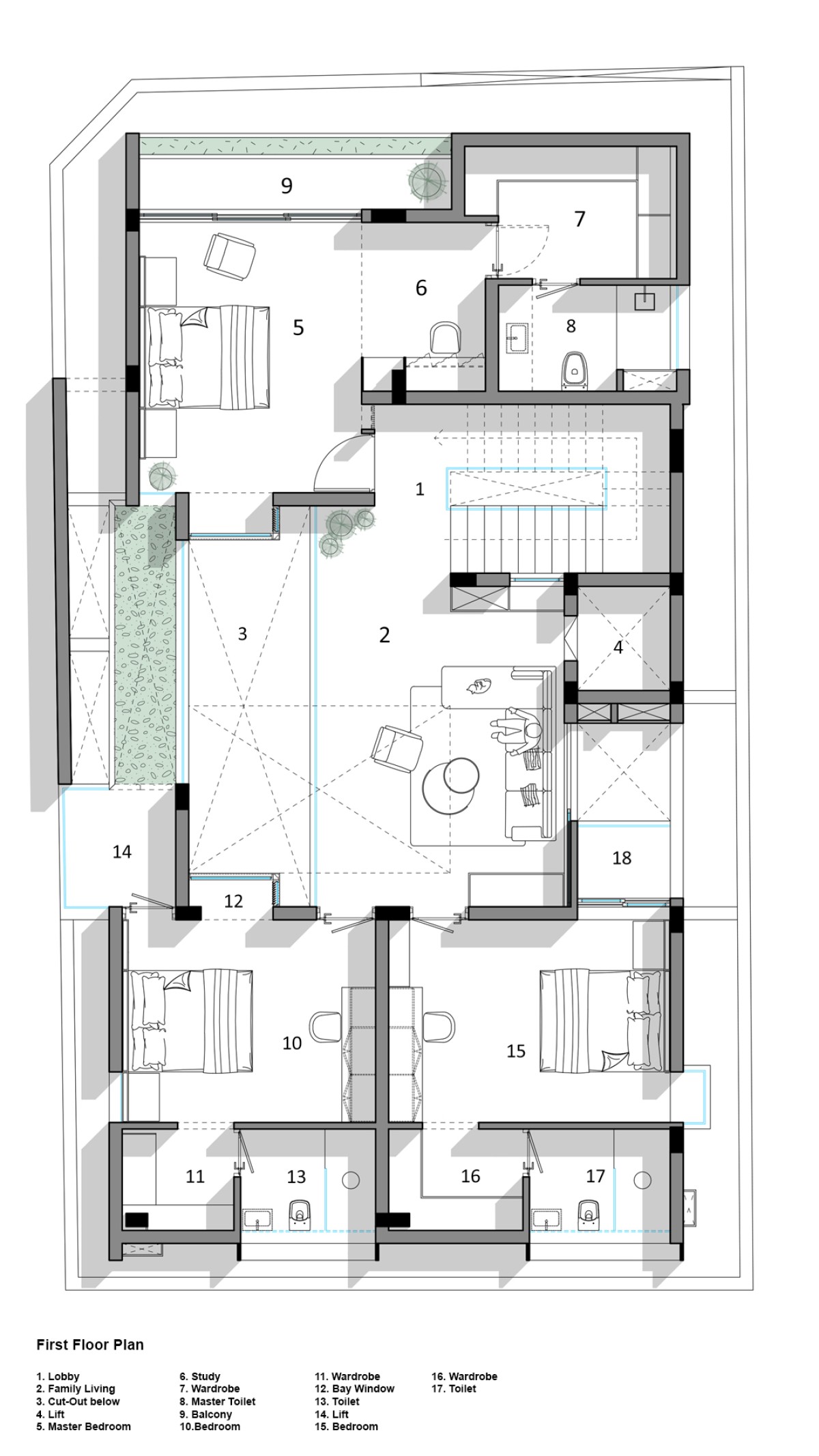 First Floor Plan of One Ground Home by Shanmugam Associates