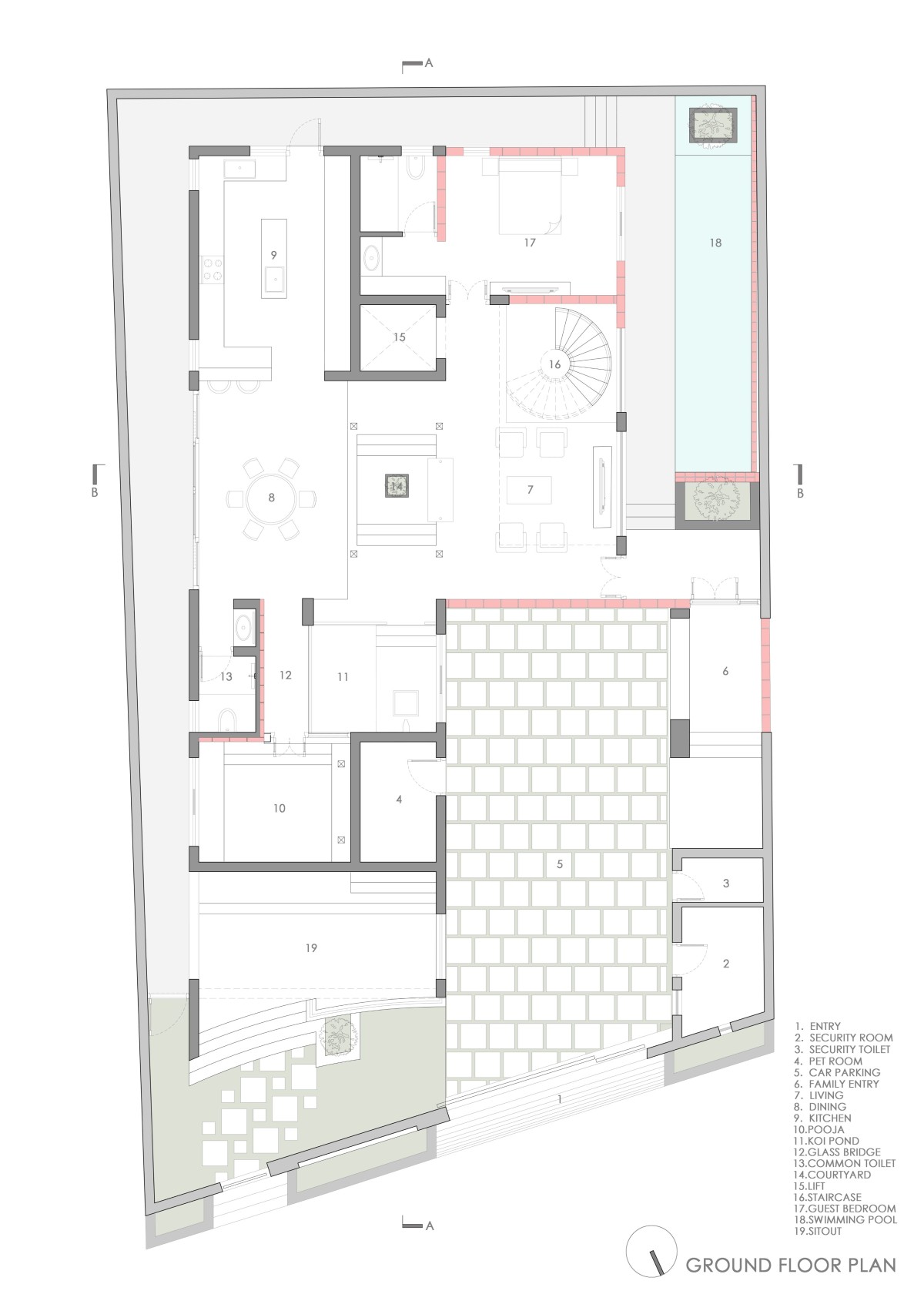 Ground Floor Plan of House 1 by Thenappan Architects