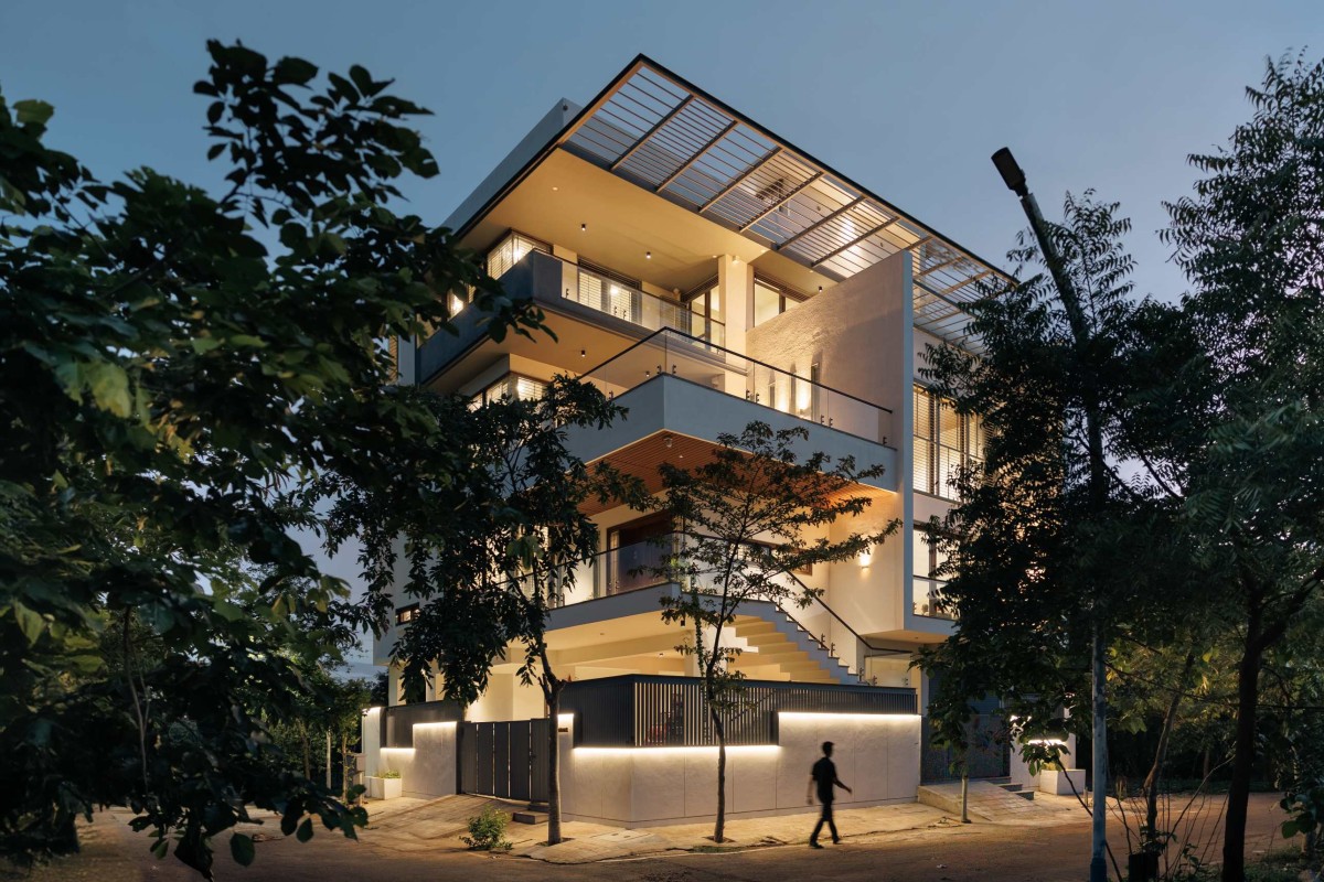 Dusk light exterior view of House of Terraces by Akshata Shenoy Design Studio and Studio HC