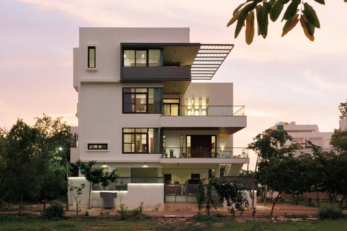 Dusk light exterior view of House of Terraces by Akshata Shenoy Design Studio and Studio HC