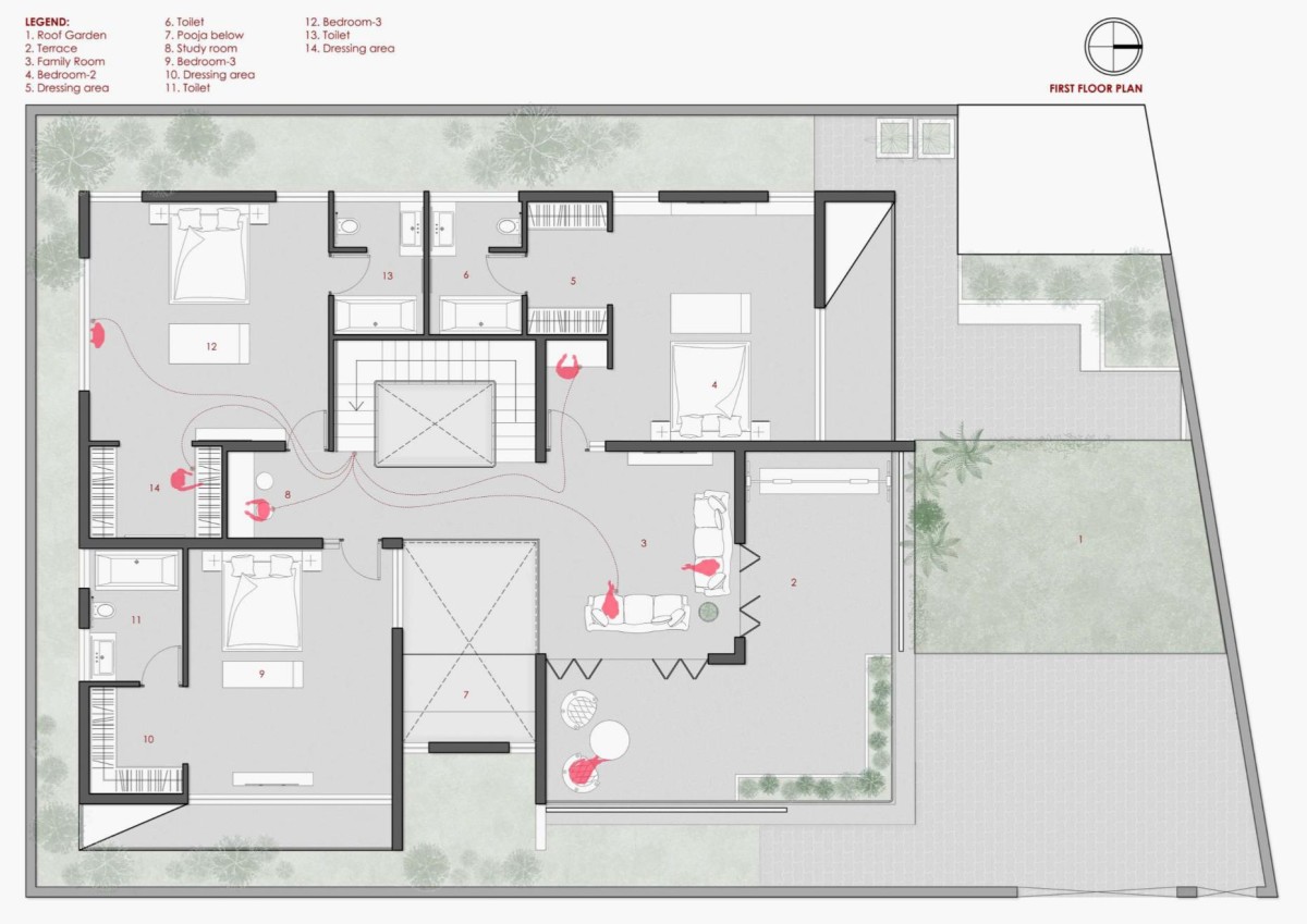 First Floor Plan of Saraswathi by Jyaamiti Architectural Studio