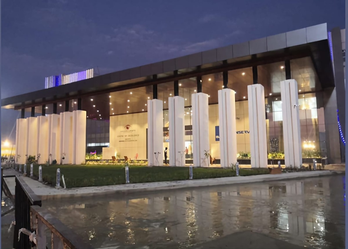 Night shot of exterior of Akhand Jyoti Eye Hospital Centre of Excellence by BuiltX Sustainable Design & Construction