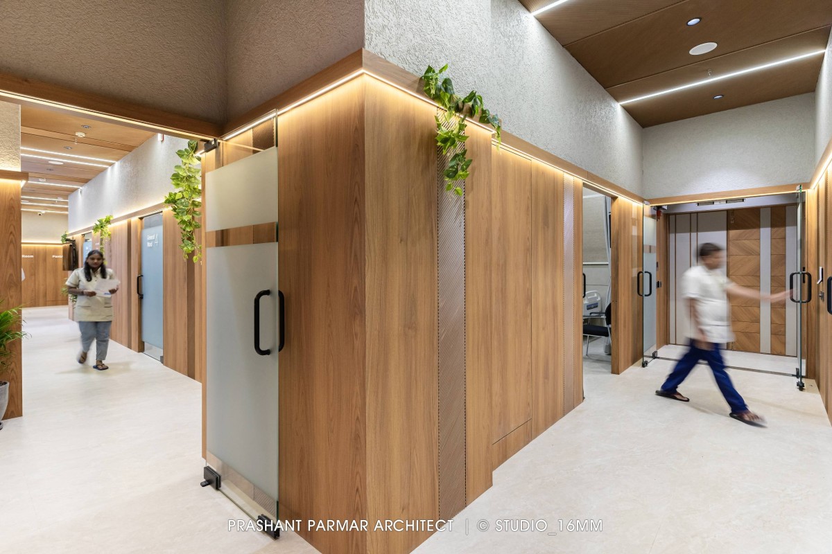 Corridor of Modern Hospital Interior at Ratnanjali Solitaire by Prashant Parmar Architect