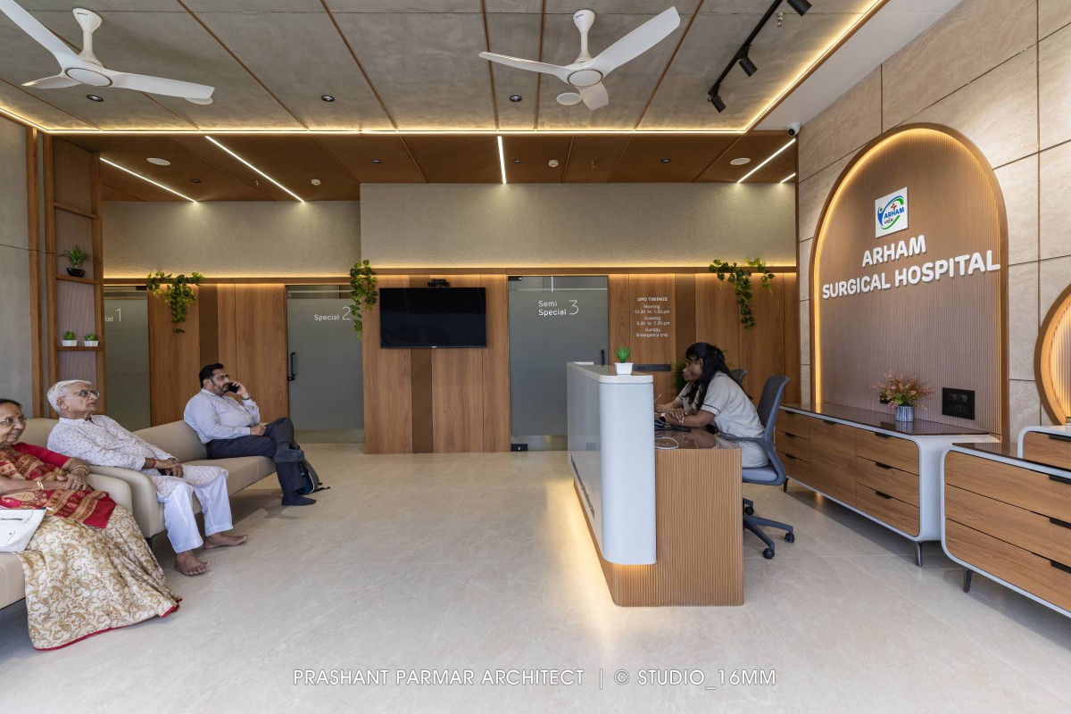 Reception & Waiting Area of Modern Hospital Interior at Ratnanjali Solitaire by Prashant Parmar Architect