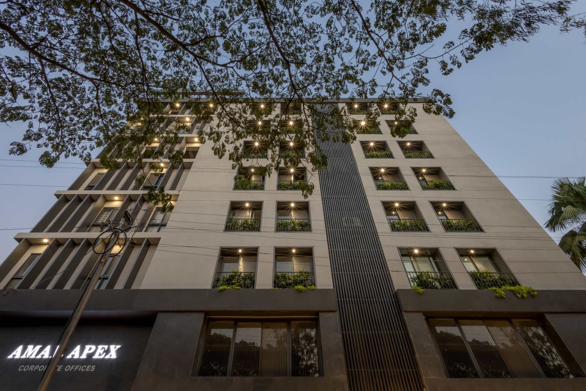 Dusk light exterior view of Amar Apex by S'thetic Design Studio