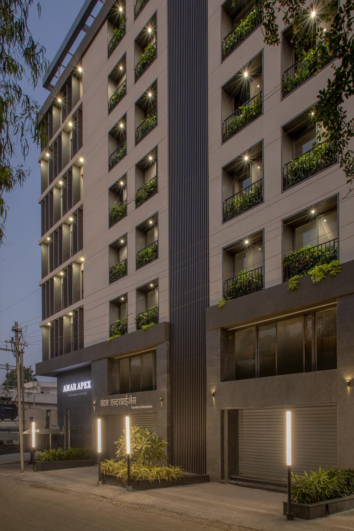 Dusk light exterior view of Amar Apex by S'thetic Design Studio