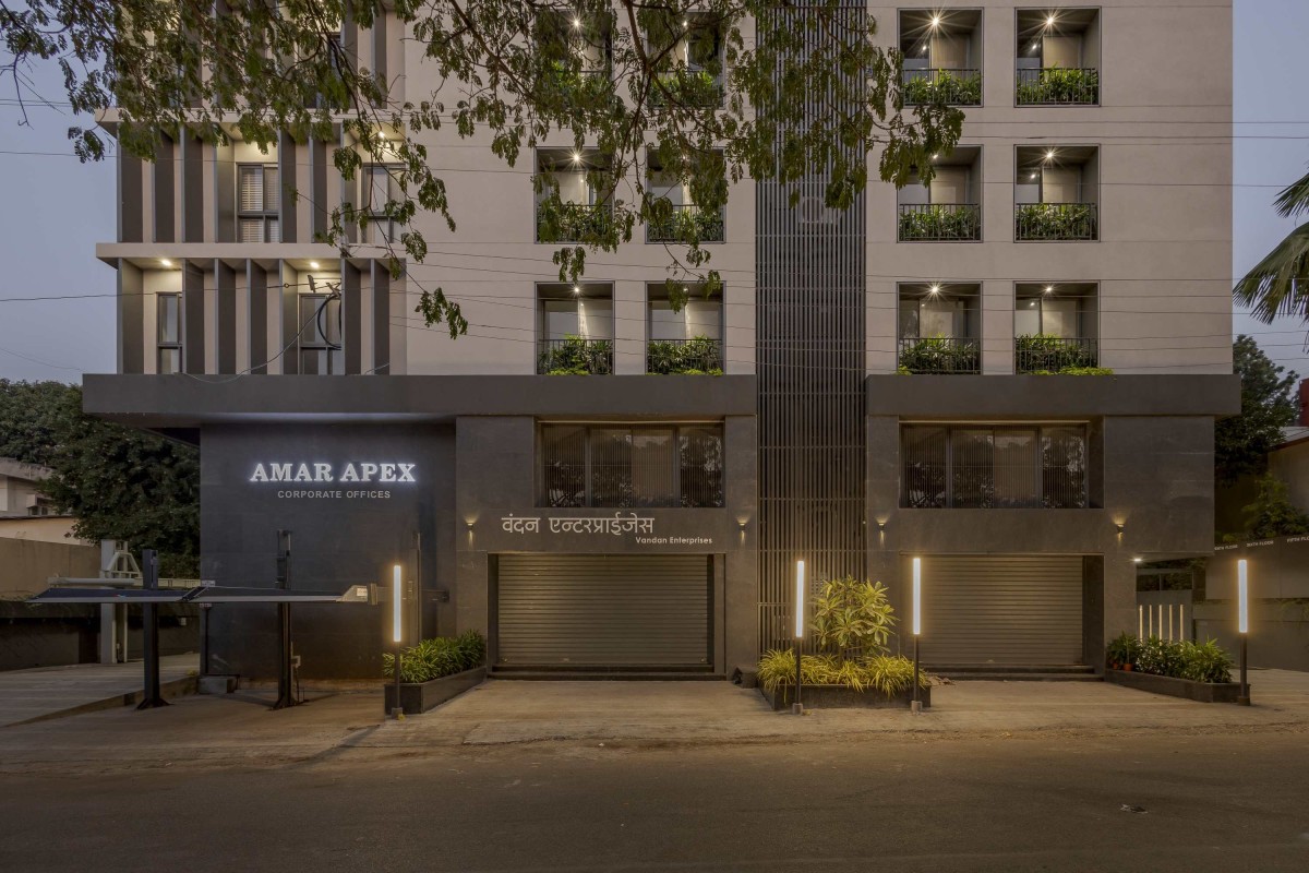 Dusk light exterior view of Amar Apex by S'thetic Design Studio